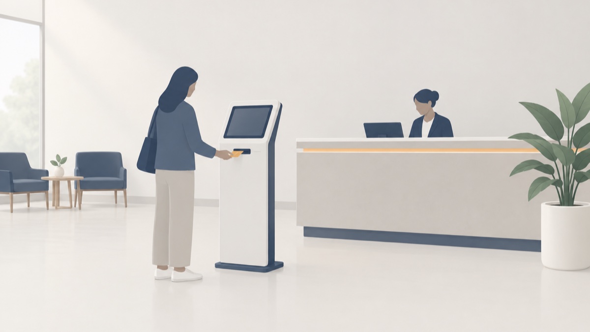 待合の一角で患者さんが自動精算機に診察券を入れ、奥の受付カウンターでスタッフが端末を確認している場面