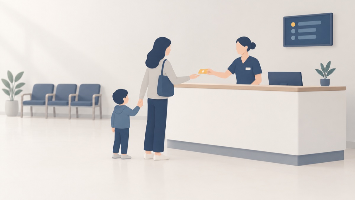 小児科の受付カウンターで、スタッフが子どもの手を引いた保護者に番号札を手渡し、壁に順番待ちの表示が掲げられている場面