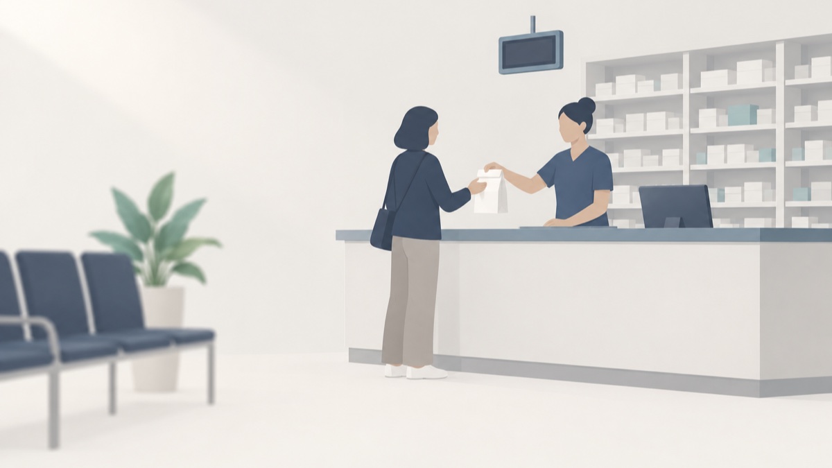 調剤薬局のお薬渡し口で、スタッフがカウンター越しに紙袋を手渡している場面